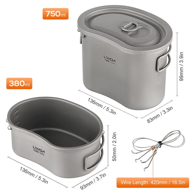 Lixada Outdoor Camping Titanium Kantine Set 380ml 750ml Hangende Pot Thuis Picknick Backpacken gray