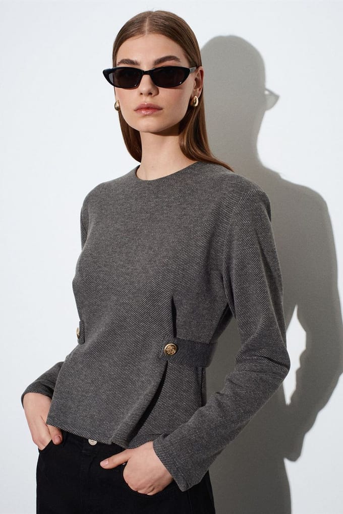 Getailleerde Geribbelde Ronde Hals Blouse