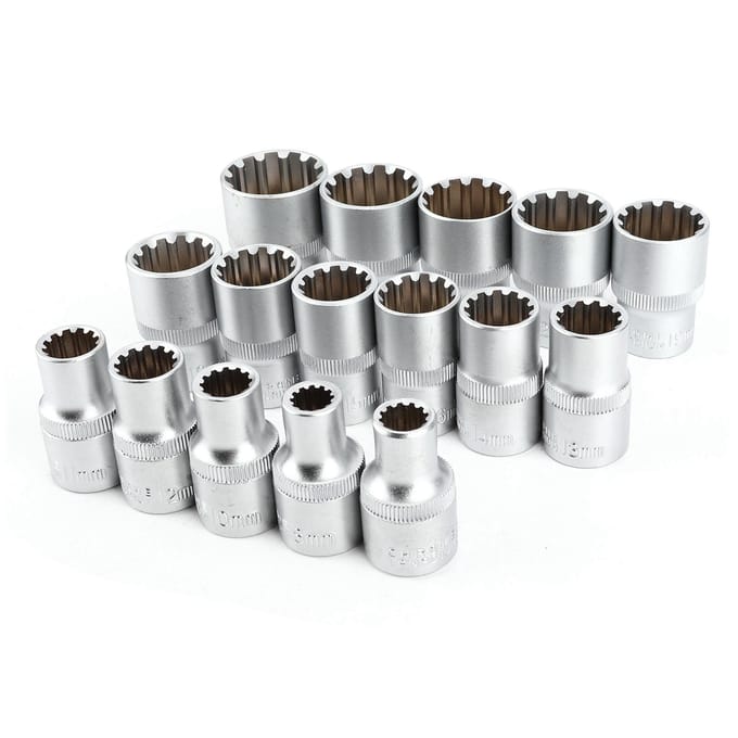 16 stuks 12in DR. SAEMETRIC Spline Dopsleutelset Spiegelnikkel Afwerking 12?Hoek Universeel gray