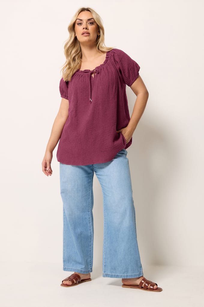 Yours Bordeauxrode Dobby Bardot Kaasdoek Top Size 42