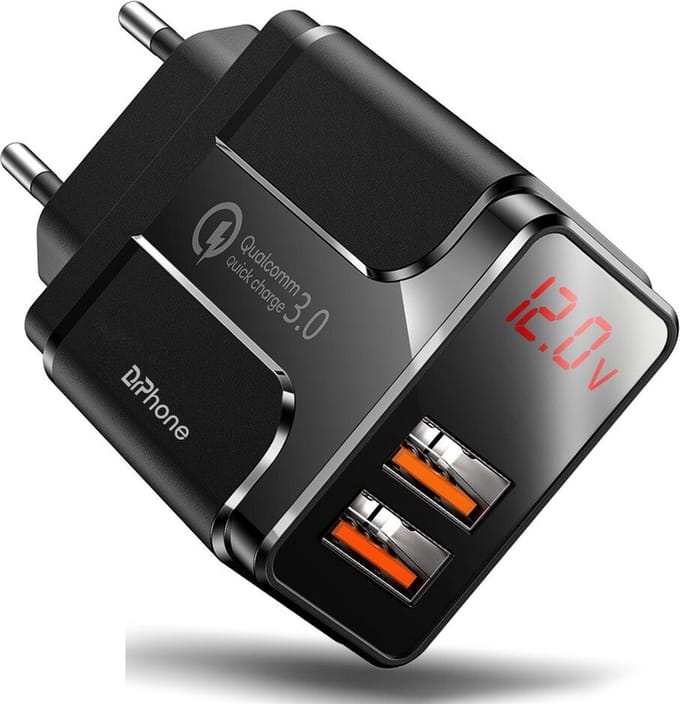 DrPhone HALOXI - 18W Thuislader - 2x USB 3.0 Qualcomm 3.0 Quick Charge met Digitale Display scherm - Adapter - Snel Lader– Zwart