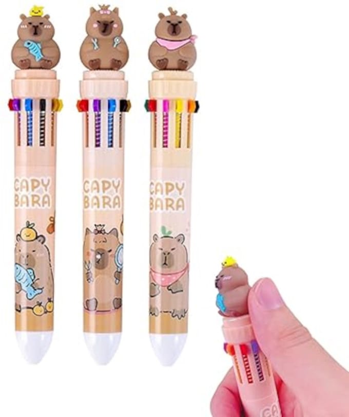 GEAR3000® capybara pen - capibara spullen - pennen 3 stuks - intrekbare pennen - 10 kleuren