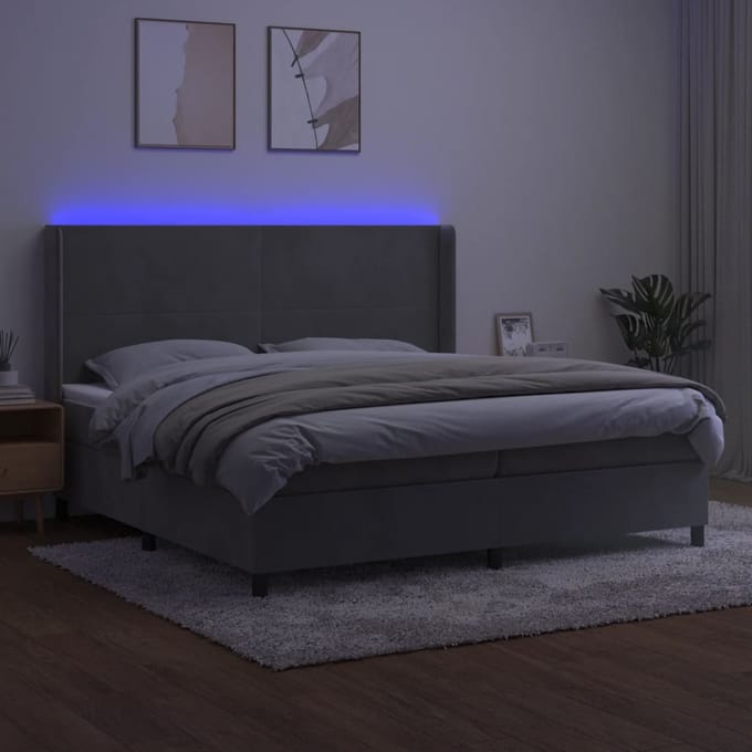 vidaXL - Boxspring - met - matras - en - LED - fluweel - lichtgrijs - 200x200 - cm