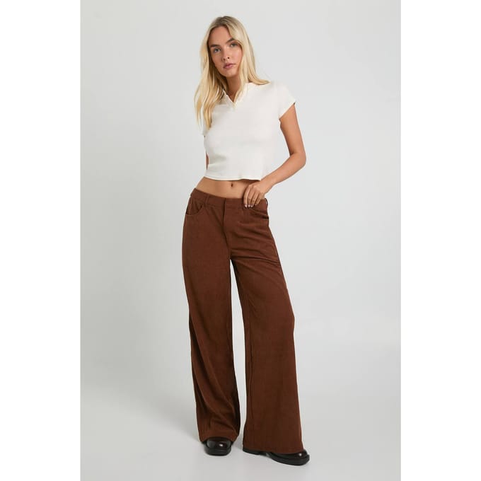 boohoo Dames Cord Cinch Taille Wijde Pijp Broek | Tan | Maat: 6