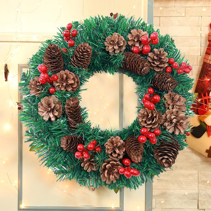 Guirlande de Noël à LED avec guirlande lumineuse alimentée par batterie, pommes de pin, fruits rouges, 12 pouces, joyeux Noël 40cm With String Light black