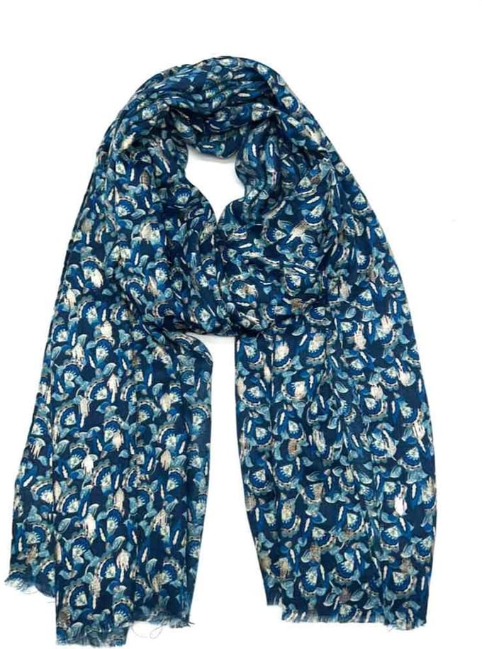 Lange dames sjaal Emilie-gebloemd motief-blauw wit grijs goud
