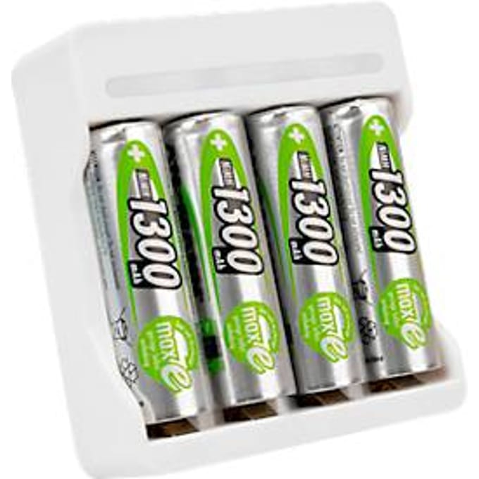 Batterijlader voor batterijen Ansmann Basic IV, voor 1-4x AA/AAA, USB-ingang incl. kabel, incl. 4x AA-batterijen, B 75 × D 66 × H 25,2 mm, wit