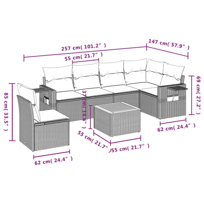 vidaXL - 7-delige - Loungeset - met - kussens - poly - rattan - grijs