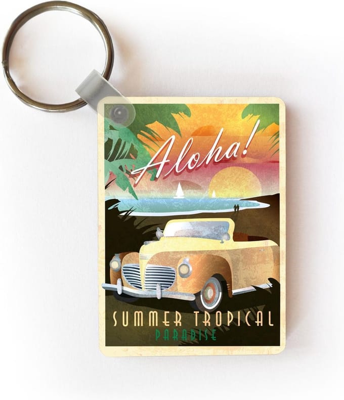 Sleutelhanger - Vintage illustratie auto aan het strand - Uitdeelcadeautjes - Plastic
