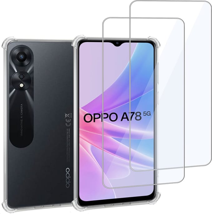 Geschikt voor Oppo A78 5G Hoesje + 2x Screenprotector – Gehard Glas Cover + Shock Proof Case – Transparant