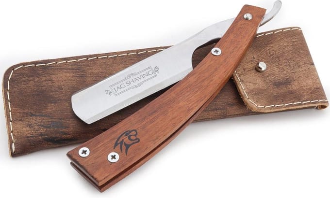 Jag Shaving Open Scheermes Met Hout Handvat - In Leer Zakje - RVS