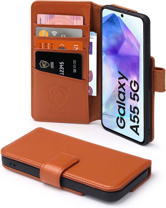MobyDefend Hoesje - Geschikt voor Samsung Galaxy A55 - Luxe Leren Wallet Bookcase - Lichtbruin