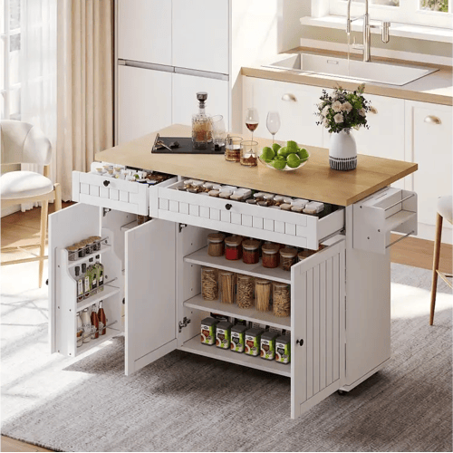 Merax Centraal eiland met opklapbaar werkblad - 137 x 45/70 x 89,5 cm - met 2 laden + 3 deuren - MDF - wit