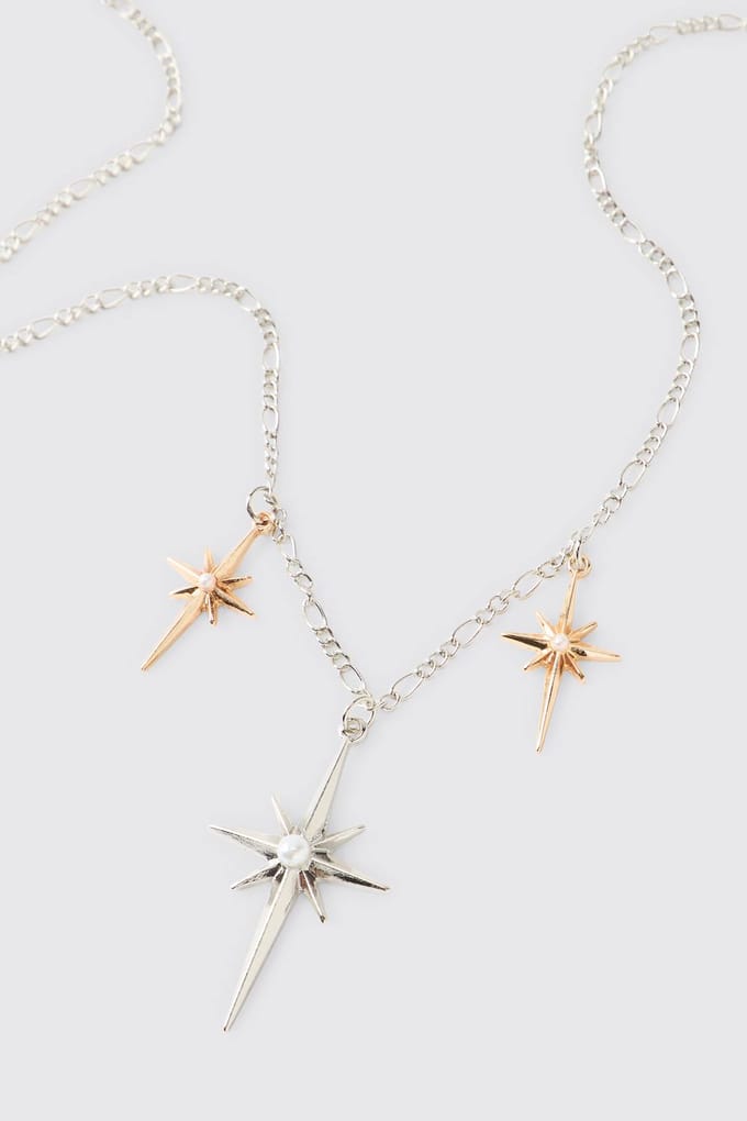 Triple Starburst Pendant Necklace in Silver