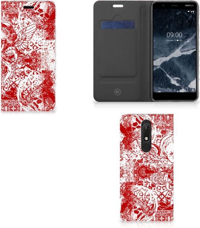 Mobiel BookCase Nokia 5.1 (2018) Angel Skull Rood