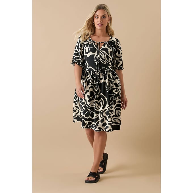 Yours Mini Jurk Met Abstracte Bloemenprint En Striksluiting In Zwart Size 50-52