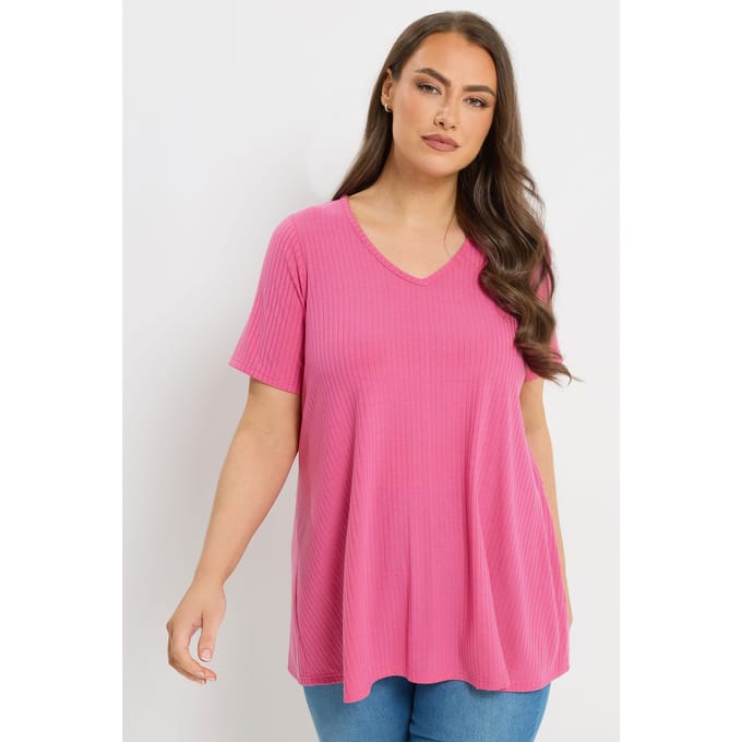 Yours Roze Geribbelde Swing Tshirt Met Vhals Size 46