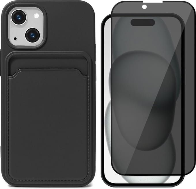 Hoesje Pasjeshouder geschikt voor iPhone 15 - Privacy Screenprotector FullGuard - Siliconen Case Back Cover Zwart & Screen Protector