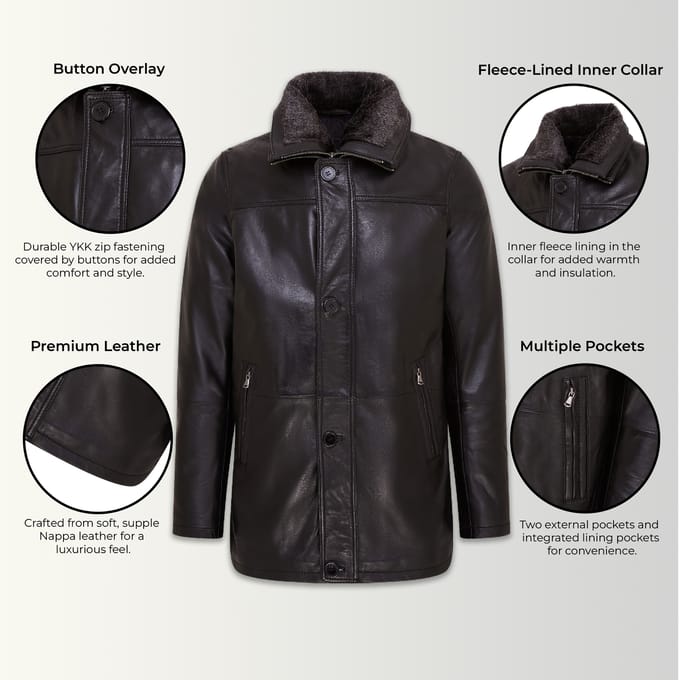 Heren Zwarte Mid-Length Warme Leren Trenchcoat - Varkaus