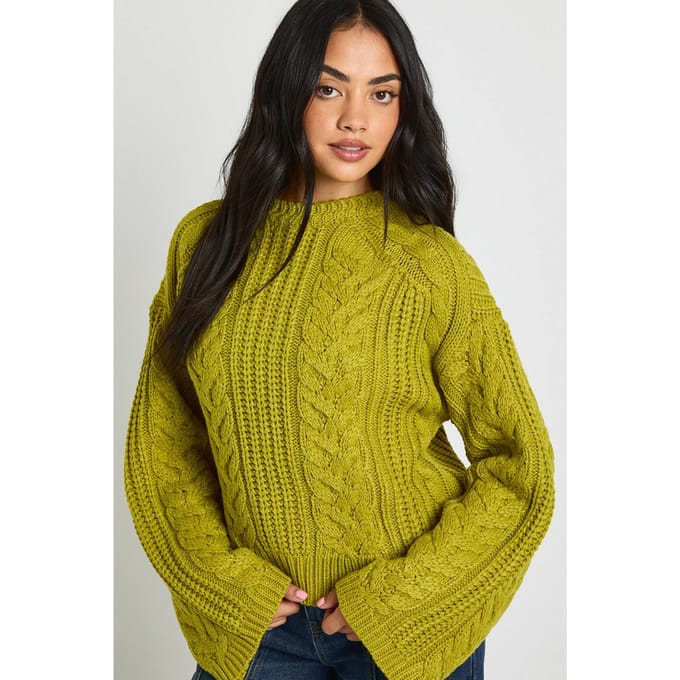 boohoo Dames Stoere kabelgebreide trui | Chartreuse | Maat: Small