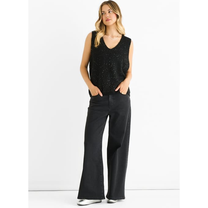Zwarte glittervest met V-hals en sequins