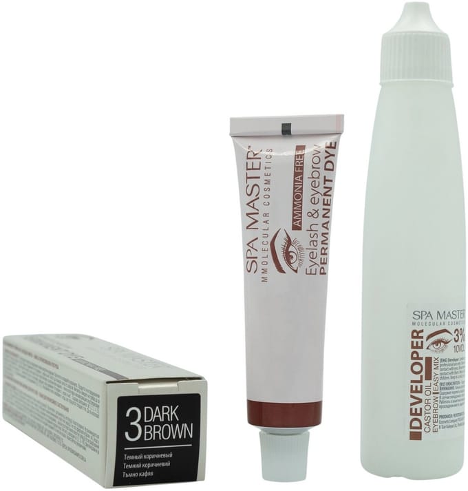 Spa Master Eyelash & Eyebrow Permanent Dye Dark Brown + Developer 3% – Wenkbrauw & Wimper Verf Set Donkerbruin – Professioneel & Ammoniakvrij – Inclusief Castor Olie – 20ml + 60ml