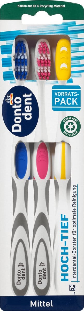 Dontodent tandenborstel hoog-laag, medium, 3 stuks