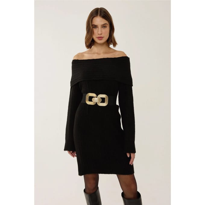 Off-shoulder Gestreepte Gebreide Jurk