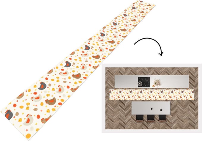 Keukenloper - Keukenmat - Kip - Eieren - Patroon - 400x50 cm - Keuken vloerkleed