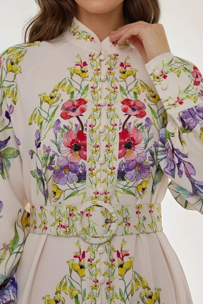 Gedrukt Lange Mouw Maxi Jurk met Riem