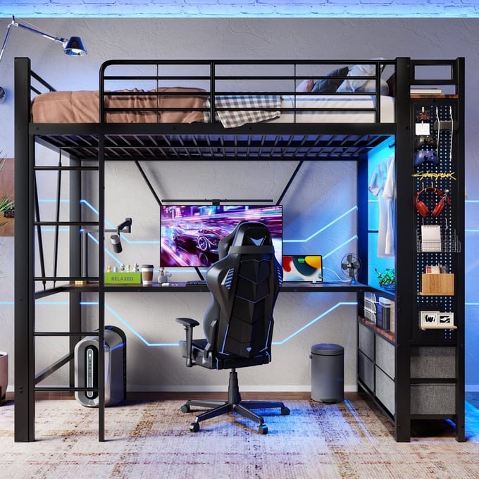Hogeslaapbed - 90x200 Cm Zwart Met Ledstrip, Bureau, 4 Lades, Usb+Type-C, Kledingstang En Pegboard