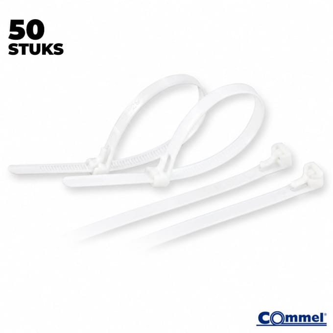 50x Commel Hersluitbaar / Herbruikbaar Kabelbinders - 370 x 7.5 mm - Wit - Nylon - Treksterkte 22kg