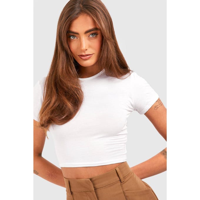 boohoo Dames Basic Crop Top met Korte Mouwen en Ronde Hals | Wit | Maat: 40