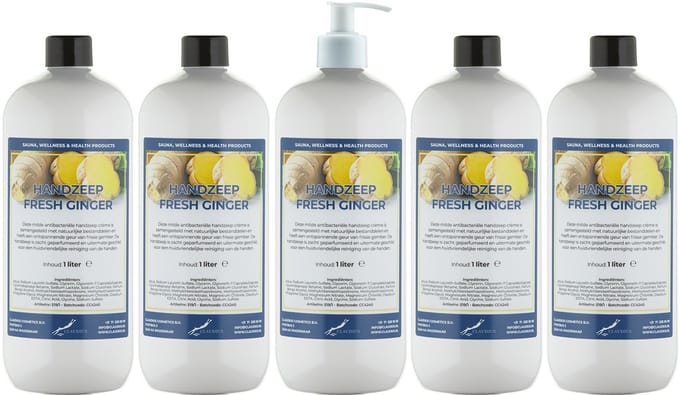 Handzeep Fresh Ginger 1 liter - set van 5 stuks - met gratis pomp - Voordeelverpakking