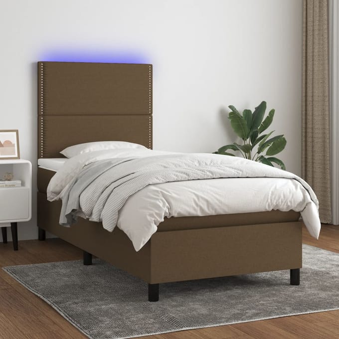 vidaXL - Boxspring - met - matras - en - LED - stof - donkerbruin - 90x190 - cm