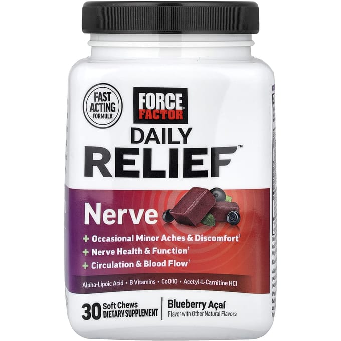 Force Factor, Daily Relief™, Nerve, Blauwe Bes Acai, Zachte Kauwsnoepjes, 30 Kauwsnoepjes