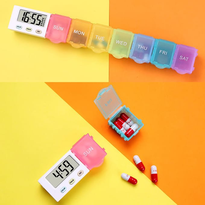 Stofdicht gescheiden pillenorganizer, pillendoosje, elektronische timer, wekker, herinneringsmedicijn veelkleurig
