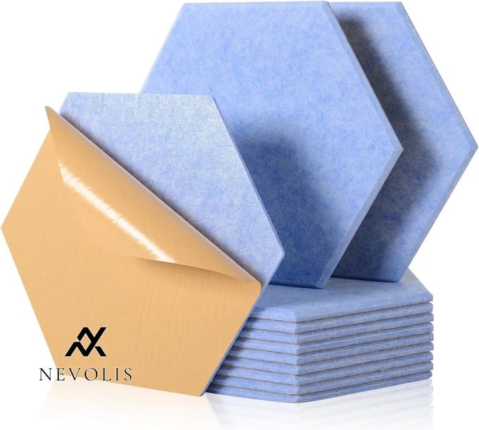 Nevolis Acoustic Panels Pack of 12 30 x 26 x 1 cm Hexagonal Sound Studio Office Decoration- Light Blue .