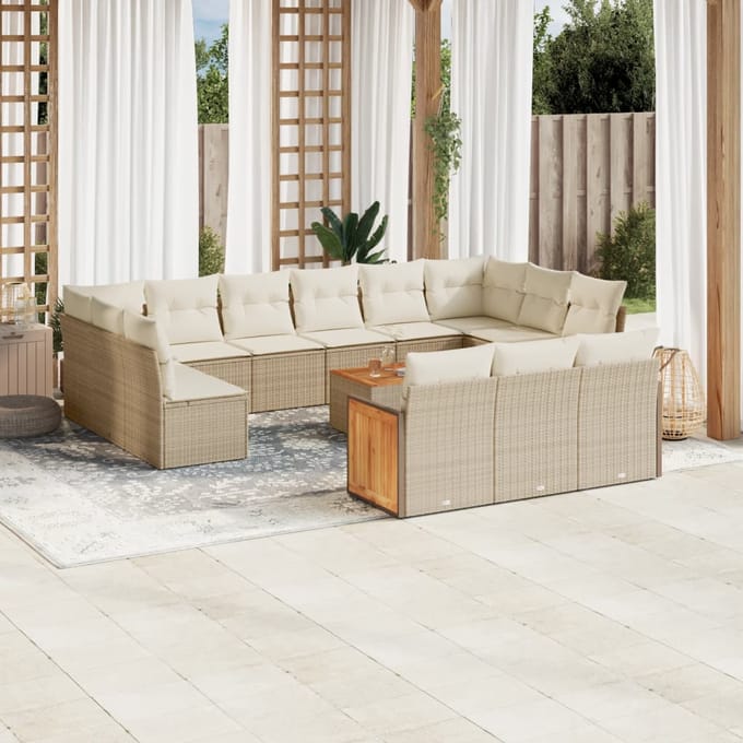 vidaXL - 14-delige - Loungeset - met - kussens - poly - rattan - beige