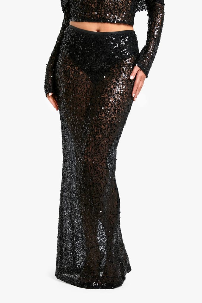 boohoo Dames Sequin Beaded Lace Maxi Skirt | Zwart | Maat: 36