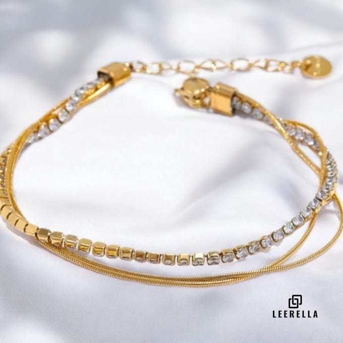Leerella Luxe Dubbele Strands Armband - Goudkleurig - RVS 15+4cm