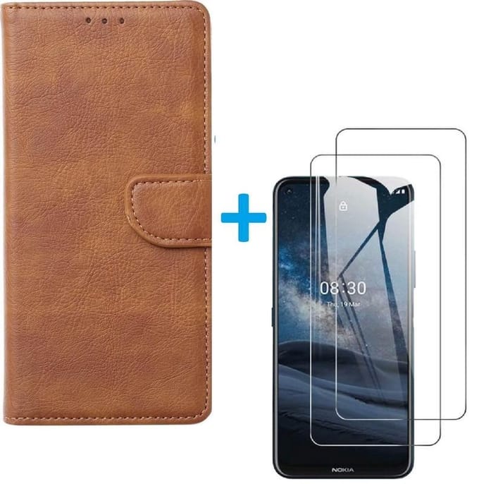 Bookcase Geschikt voor: Nokia 8.3 - Bruin - portemonee hoesje met 2 stuks Glas Screen protector