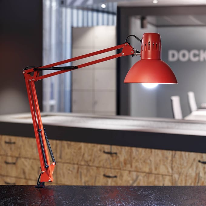MAULstudy Bureaulamp - Metaal - Rood - E27 Fitting - Verstelbare Arm - Tafellamp met Klem
