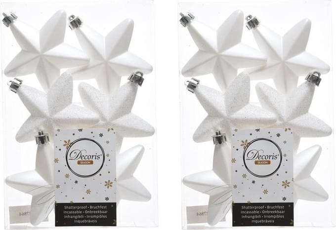 Decoris kersthanger sterren - 12x st - wit - 7 cm - kunststof - kerstornamenten - kerstversiering