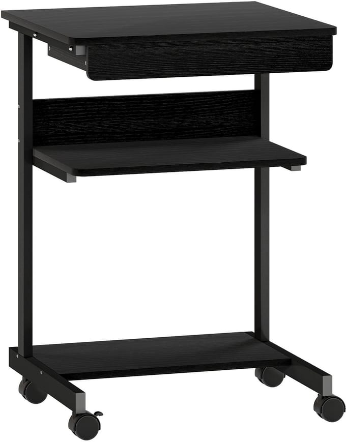 Verrijdbaar bureau met lade - Compact computerbureau op wielen - Met opbergruimte - 56x51 cm - Zwart