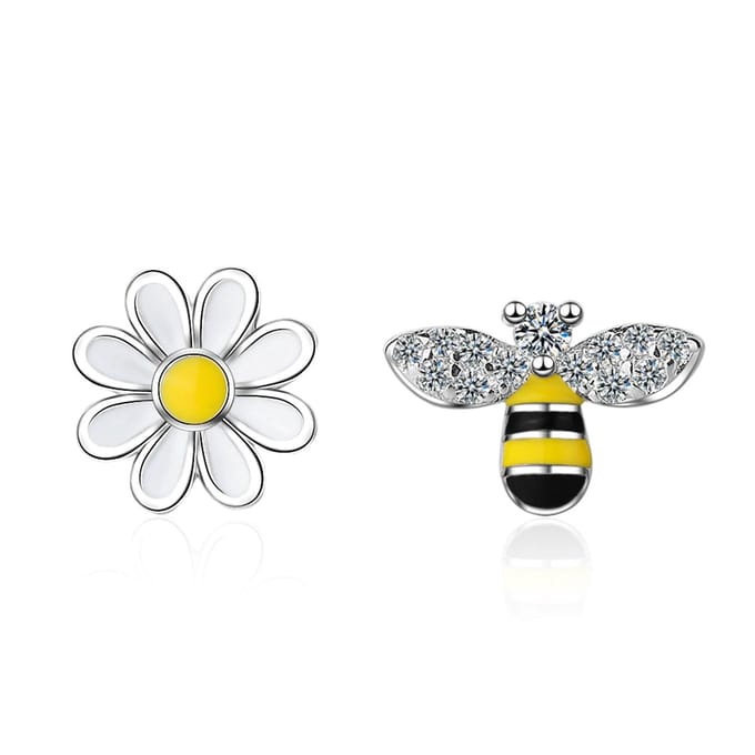 Oorbellen meisje - zilver - bloem - madelief - daisy - bij - dier