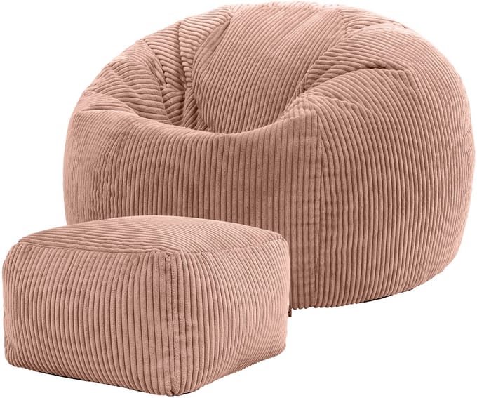 icon - Kingston Zitzak Fauteuil met Poef - Ribfluweel - Oud roze