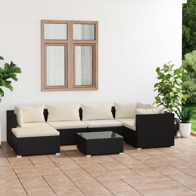 vidaXL - 7-delige - Loungeset - met - kussens - poly - rattan - zwart