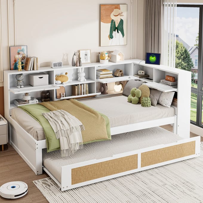MODFU Bedframe 90x200 cm – Multifunctioneel met uitschuifbed, opbergruimte en USB – Massief hout – Wit