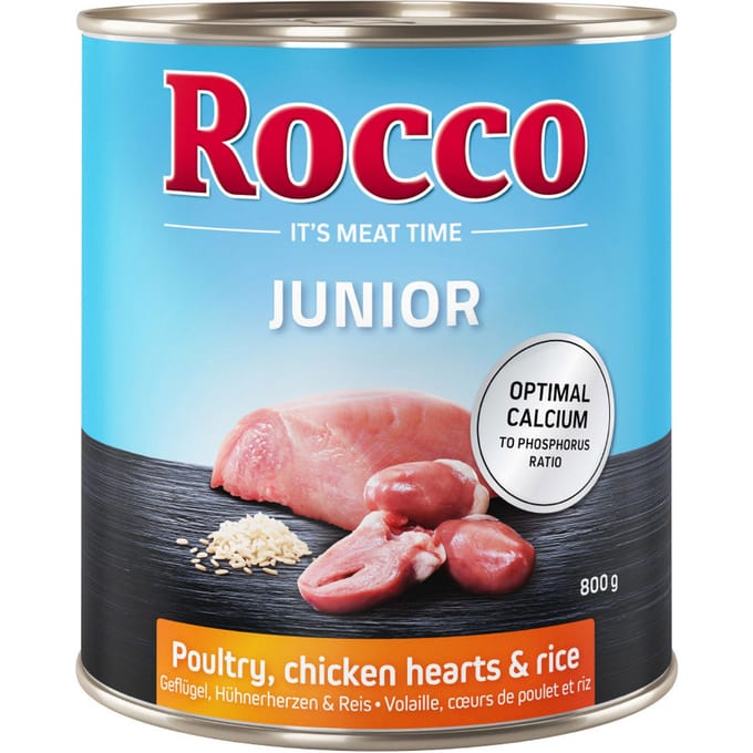 24x800g Junior Kippenhartjes & Rijst + Calcium Rocco Hondenvoer